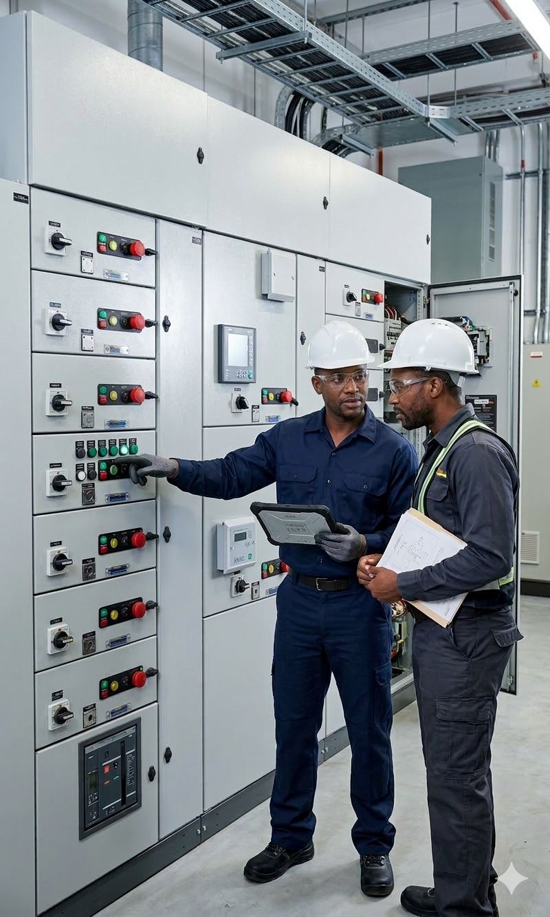 Eletricistas realizando instalação e manutenção elétrica industrial